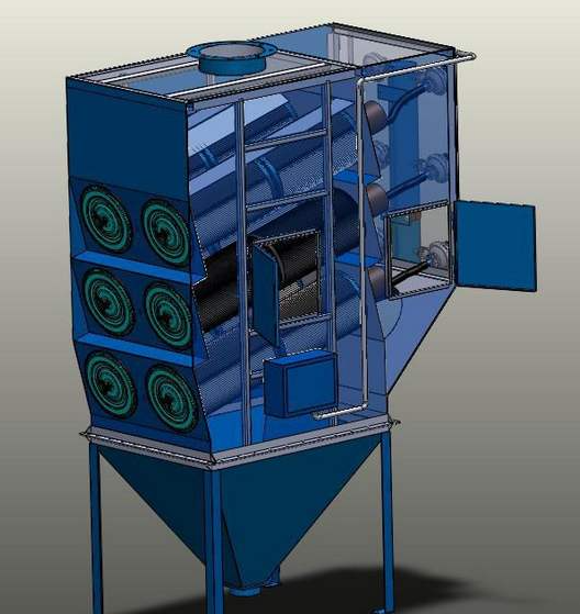 滤筒除尘器内部结构示意图，展示褶皱滤筒和脉冲清灰系统